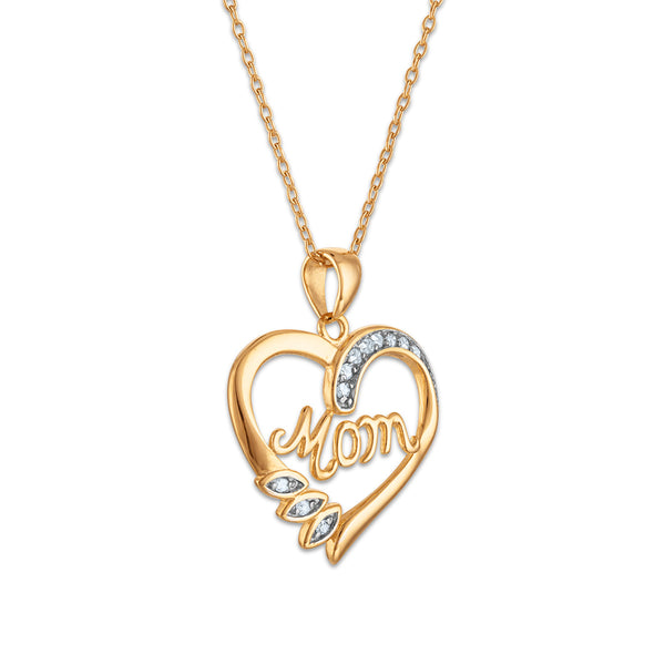 1/10 CTW Natural Diamond Heart Mom 18-inch Pendant in Gold Plated Sterling Silver