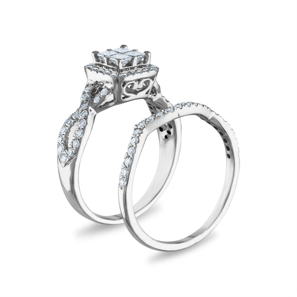 1 CTW Natural Diamond Halo Bridal Set Ring in 10KT White Gold