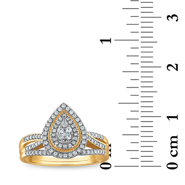 3/8 CTW Diamond Halo Cluster Pear Shaped Wedding Set in 10KT Yellow Gold