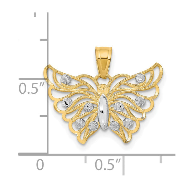 10KT Yellow Gold With Rhodium Plating 18X19MM Diamond-cut Butterfly Pendant. Chain Not Included