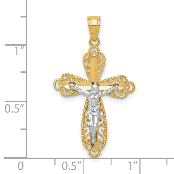 10KT Yellow Gold With Rhodium Plating 30X16MM Filigree Crucifix Cross Pendant. Chain Not Included