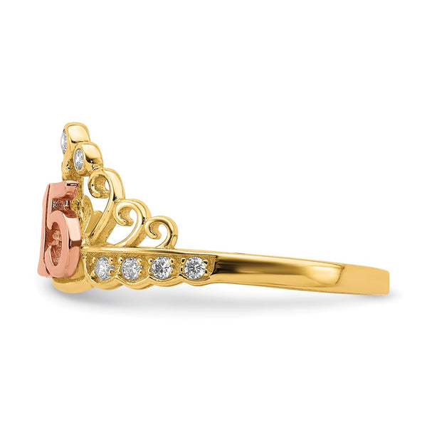 10KT Yellow and Rose Gold Cubic Zirconia Quinceanera Tiara Crown Ring. Size 8