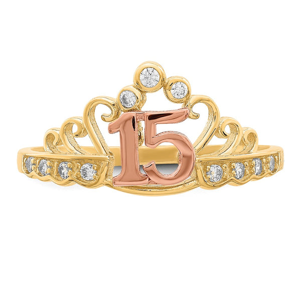 10KT Yellow and Rose Gold Cubic Zirconia Quinceanera Tiara Crown Ring. Size 8
