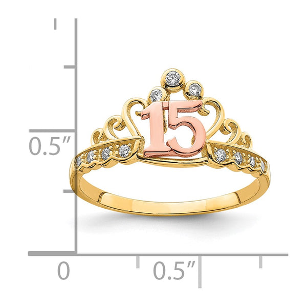 10KT Yellow and Rose Gold Cubic Zirconia Quinceanera Tiara Crown Ring. Size 8