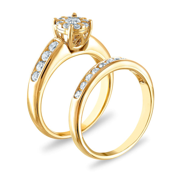 1-1/4 CTW Natural Diamond Halo Wedding Trio Set in 10KT White and Yellow Gold