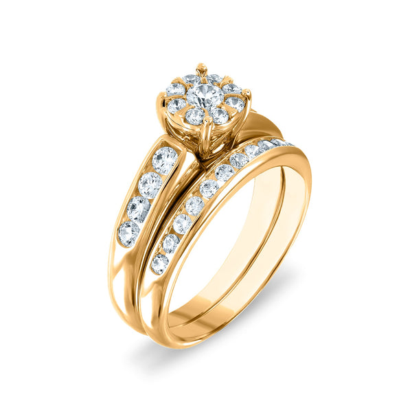 1-1/4 CTW Natural Diamond Halo Wedding Trio Set in 10KT White and Yellow Gold