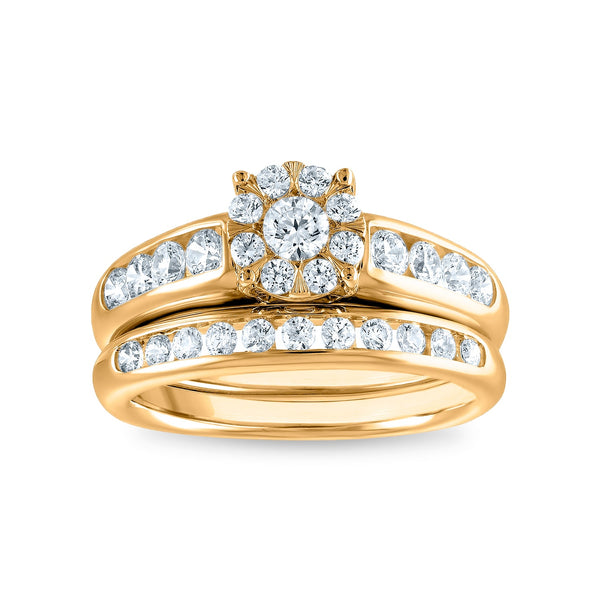1-1/4 CTW Natural Diamond Halo Wedding Trio Set in 10KT White and Yellow Gold