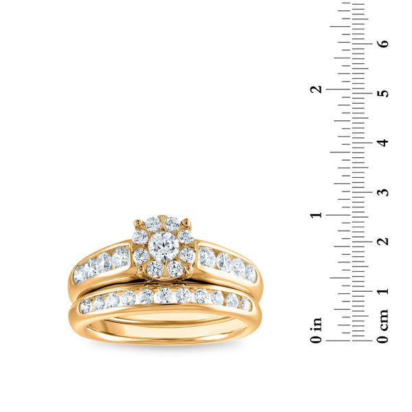 1-1/4 CTW Natural Diamond Halo Wedding Trio Set in 10KT White and Yellow Gold