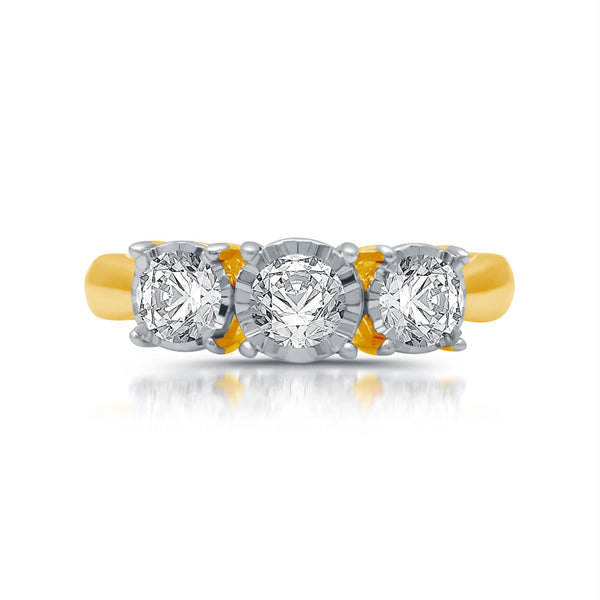 1 CTW Natural Diamond Illusion Set Three Stone Anniversary Ring in 10KT Yellow Gold
