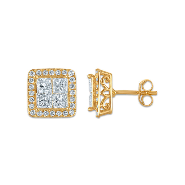 Red Hot Deal 2 CTW Princess Cut Lab Grown Diamond Halo Stud Earrings in 14KT Yellow Gold
