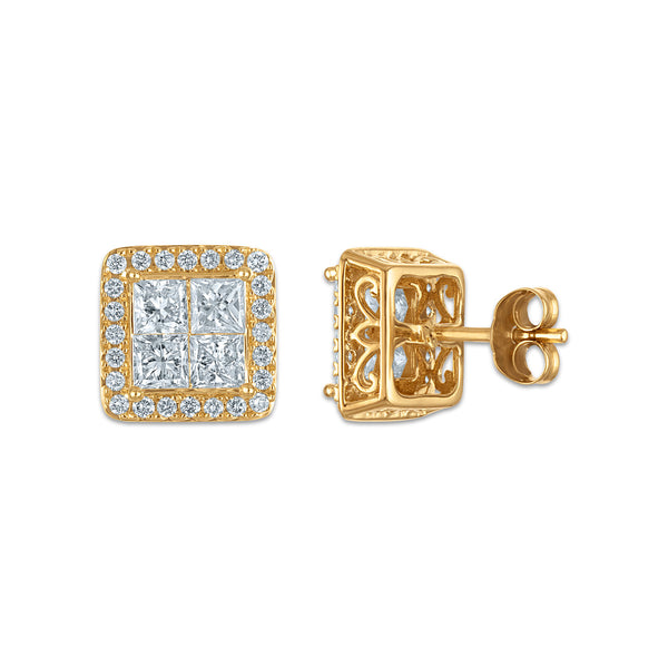 Red Hot Deal 2 CTW Princess Cut Lab Grown Diamond Halo Stud Earrings in 14KT Yellow Gold
