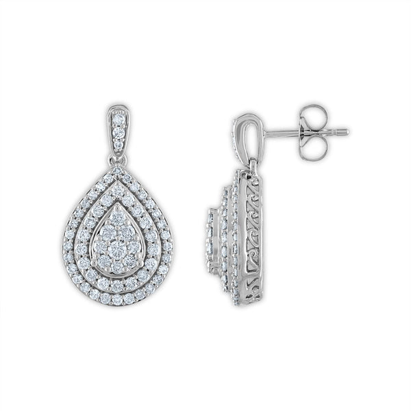 Red Hot Deal  3/4 CTW Natural Diamond Drop & Dangle Cluster Double Halo Pear Shape Earrings in 10KT White Gold
