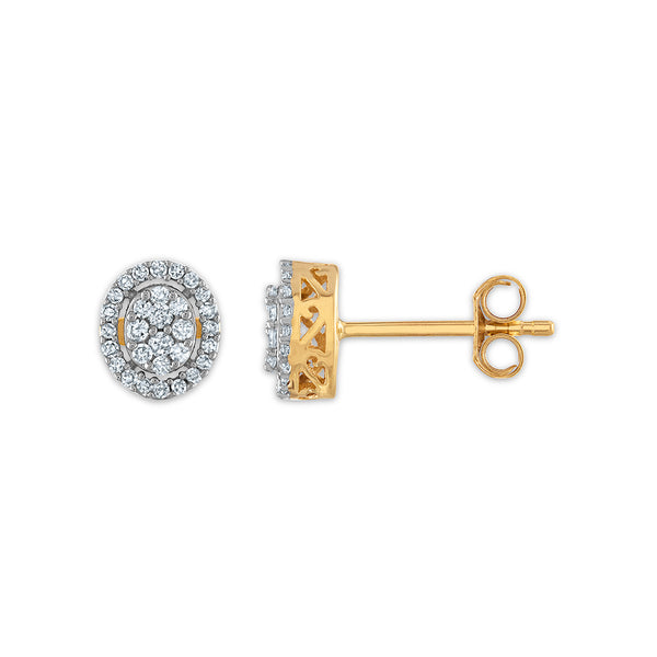 Red Hot Deal  1/4 CTW Natural Diamond Halo Cluster Stud Oval Shape Earrings in 10KT Yellow Gold