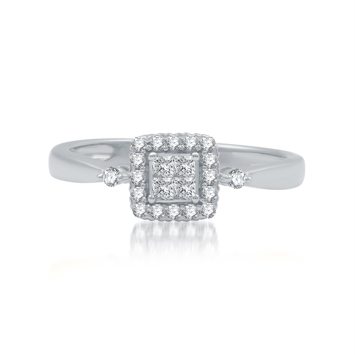 1/4 CTW Natural Diamond Halo Promise Ring in Rhodium Plated Sterling Silver