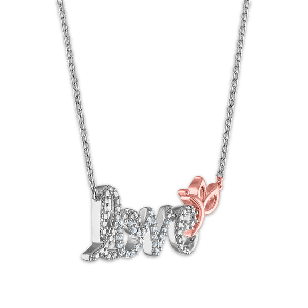 1/12 CTW Natural Diamond LOVE with Butterfly Necklace in Rose Gold Plated Sterling Silver