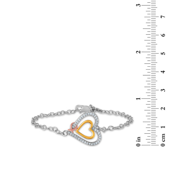 1/5 CTW Natural Diamond 7-inch Heart Bracelet in Tri-Color Sterling Silver