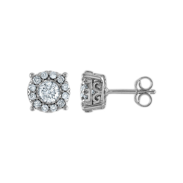 1 CTW Natural Diamond Halo Stud Earrings in 14KT White Gold