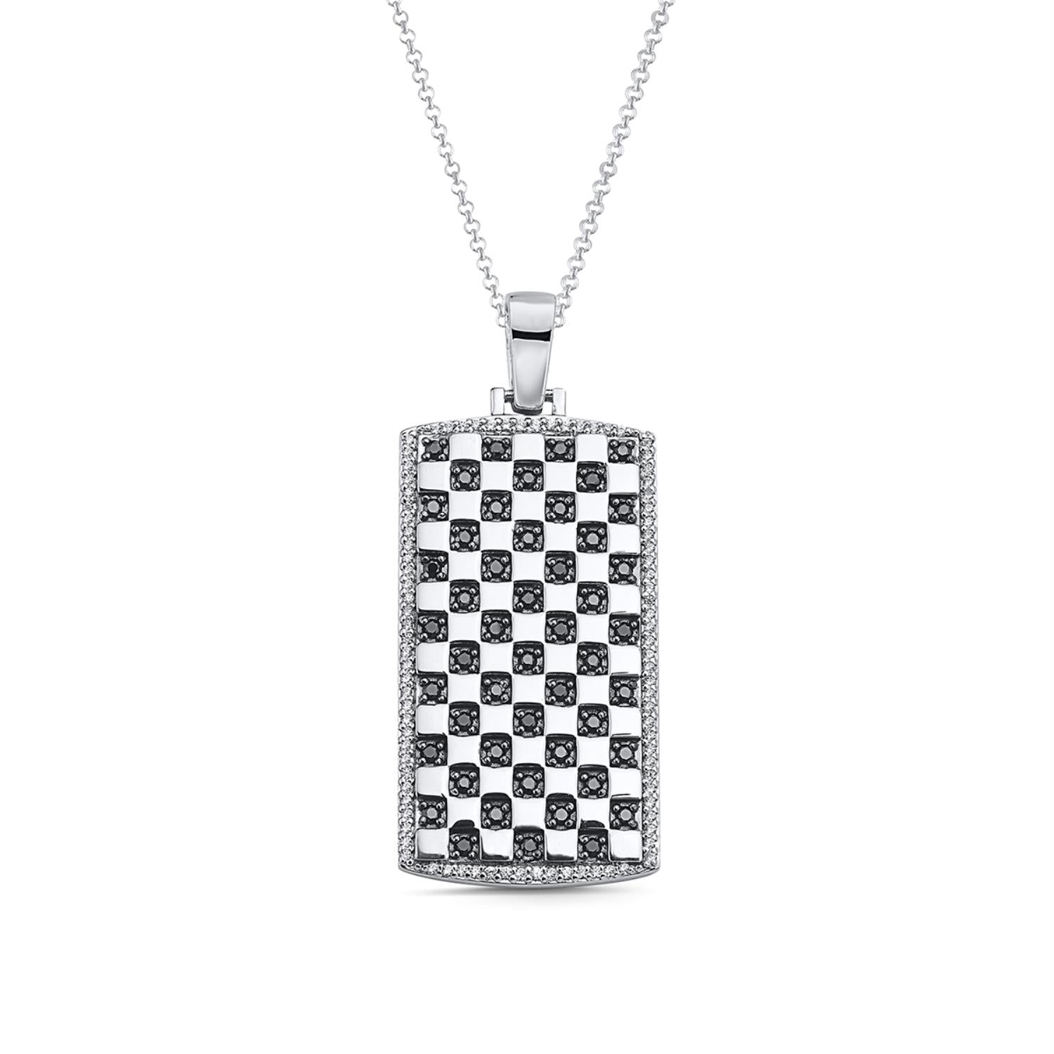 1 CTW Natural Diamond 22-inch Dog Tag Pendant in Rhodium Plated Sterling Silver