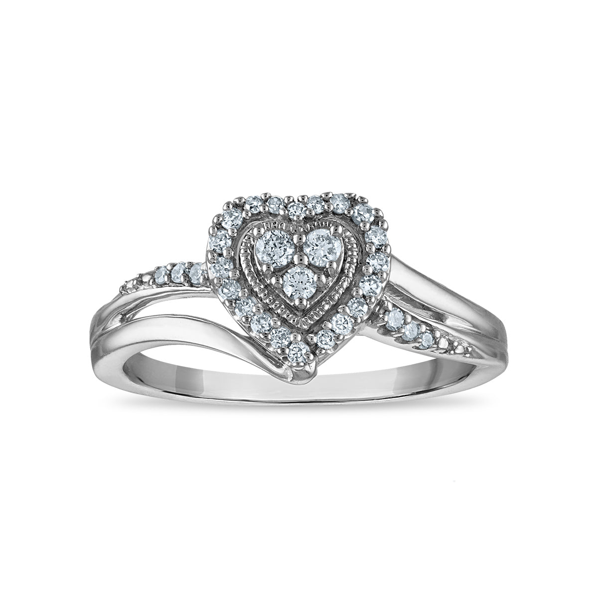 1/5 CTW Natural Diamond Heart Promise Ring in Rhodium Plated Sterling Silver