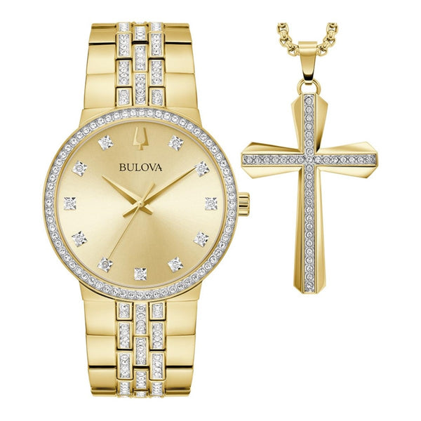 Bulova Crystal Accent Goldtone Watch with 40MM Dial and Cross Pendant Box Set. 98K113