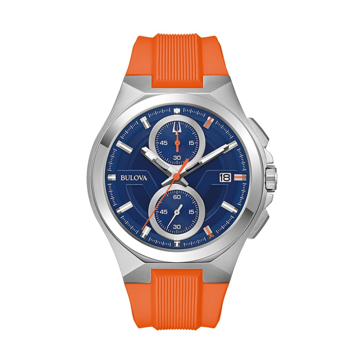 Bulova Marc Anthony Collection 46MM Blue Chronograph Watch with Orange Strap. 96B407