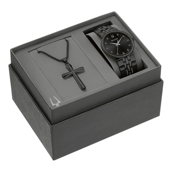 Bulova Crystal Accent 40MM Black Watch and Cross Pendant Box Set. 98K116