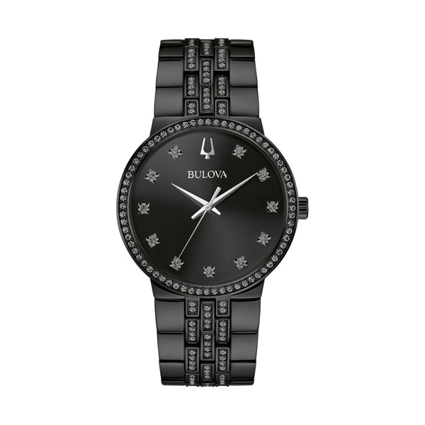 Bulova Crystal Accent 40MM Black Watch and Cross Pendant Box Set. 98K116