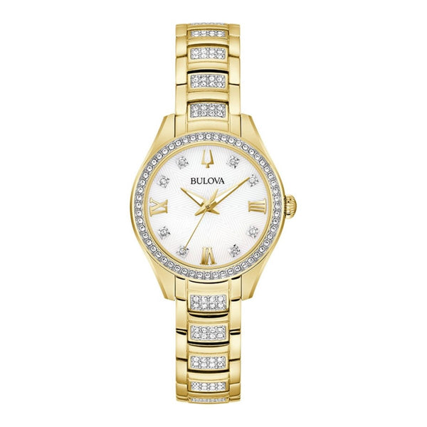 Bulova Crystal Collection Watch with 28MM Goldtone Stainless Steel Bracelet. 98L306