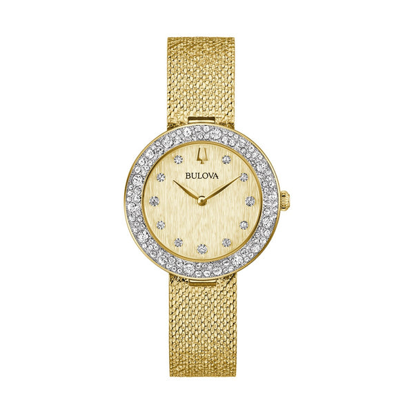 Bulova Crystal Collection Goldtone Watch with 32MM Case and Mesh Bracelet. 98L321