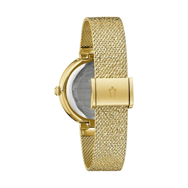 Bulova Crystal Collection Goldtone Watch with 32MM Case and Mesh Bracelet. 98L321