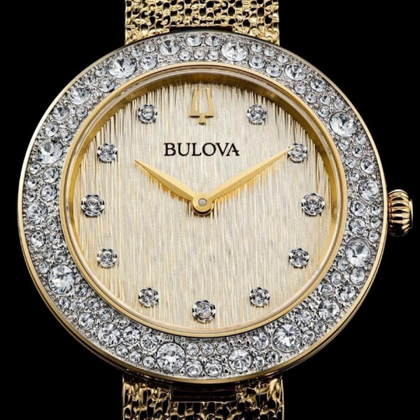 Bulova Crystal Collection Goldtone Watch with 32MM Case and Mesh Bracelet. 98L321