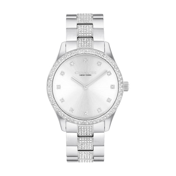 Coach with 38MM Silvertone Round Dial Stainless Steel Watch Band with Crystals. Brooks 14400033