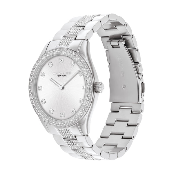 Coach with 38MM Silvertone Round Dial Stainless Steel Watch Band with Crystals. Brooks 14400033