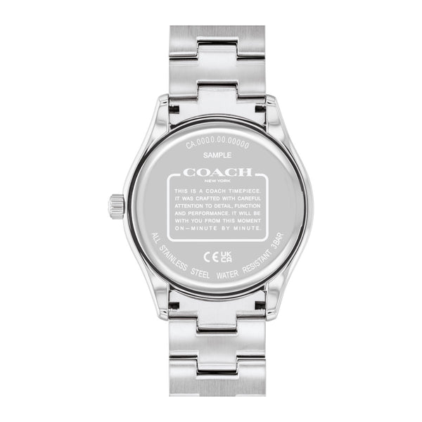Coach with 38MM Silvertone Round Dial Stainless Steel Watch Band with Crystals. Brooks 14400033