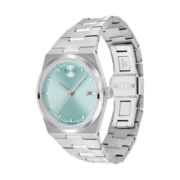 Movado BOLD Quest 35MM Seafoam Blue Dial Silvertone Stainless Steel Watch. 3601186