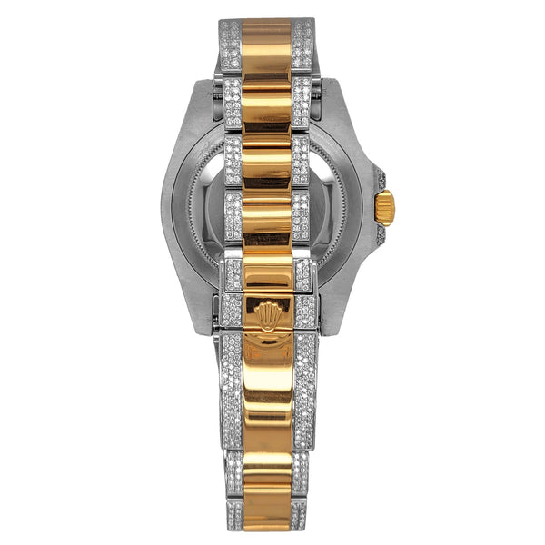 Pre-Owned Rolex Two-Tone Steel & 18K Yellow Gold GMT-Master II with 40X40 MM Black Round Dial. 116713-Iced Out
