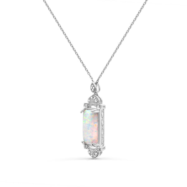 Red Hot Deal  14X7MM Baguette Opal and Diamond Fashion 18-inch Pendant in Sterling Silver