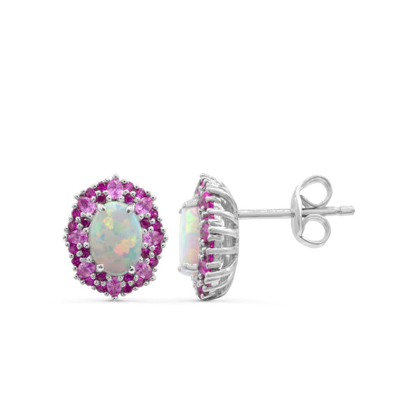 Red Hot Deal  7X5MM Oval Opal and Sapphire Halo Earrings in Sterling Silver