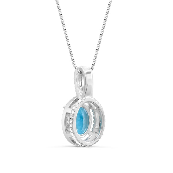9X7MM Oval Blue Topaz and White Topaz Halo 18-inch Pendant in Sterling Silver