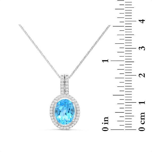 9X7MM Oval Blue Topaz and White Topaz Halo 18-inch Pendant in Sterling Silver