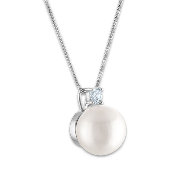 12MM Round Shell Pearl and Cubic Zirconia 18-inch Pendant in Sterling Silver