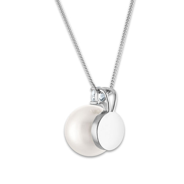 12MM Round Shell Pearl and Cubic Zirconia 18-inch Pendant in Sterling Silver