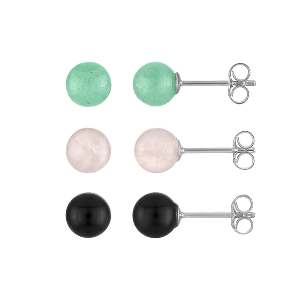 Jade Rose Quartz and Onyx Earrings Set in Sterling Silver