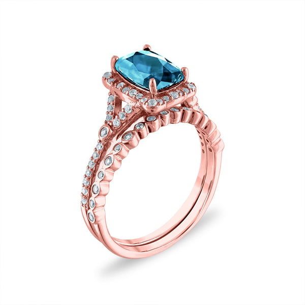 8X6MM Cushion Blue Topaz and Diamond Bridal Set Ring in 10KT Rose Gold