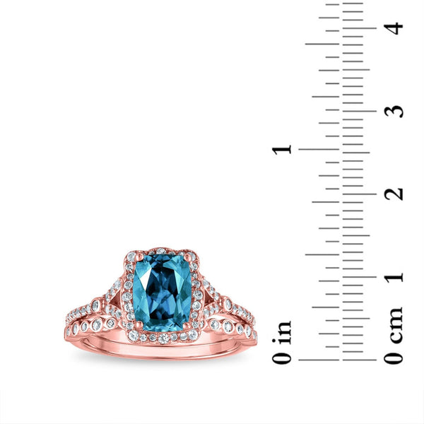 8X6MM Cushion Blue Topaz and Diamond Bridal Set Ring in 10KT Rose Gold