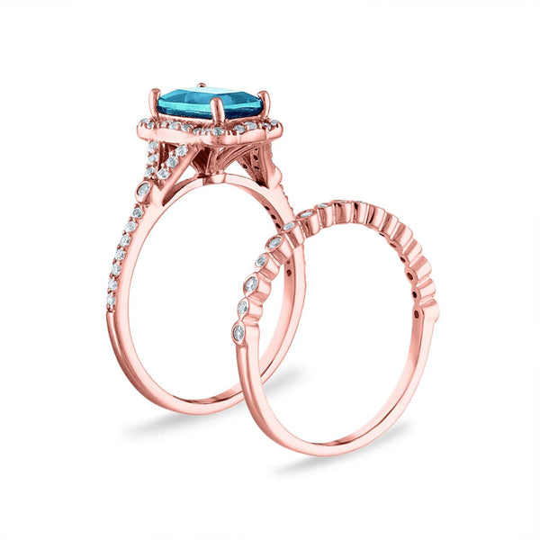 8X6MM Cushion Blue Topaz and Diamond Bridal Set Ring in 10KT Rose Gold