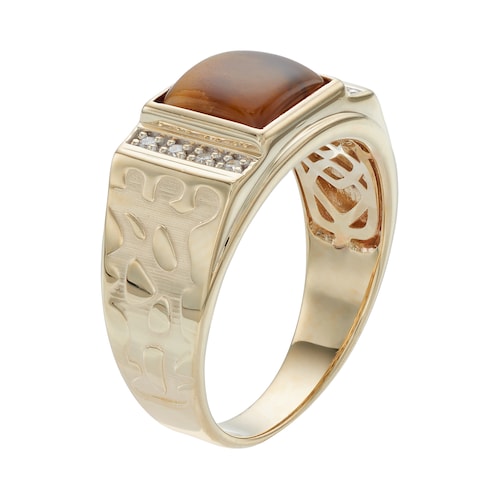 Cushion Tiger Eye and Diamond Gem Stone Nugget Ring in 10KT Yellow Gold