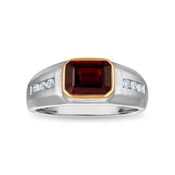 9X7MM Emerald Shape Garnet and White Sapphire Ring in Sterling Silver and 10K Yellow Gold