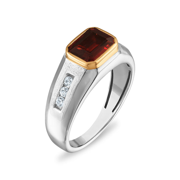 9X7MM Emerald Shape Garnet and White Sapphire Ring in Sterling Silver and 10K Yellow Gold
