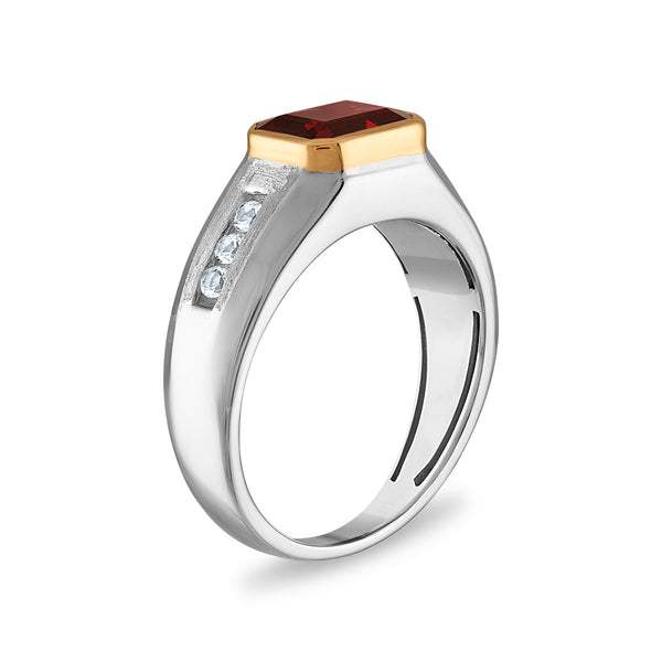 9X7MM Emerald Shape Garnet and White Sapphire Ring in Sterling Silver and 10K Yellow Gold